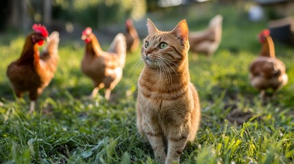 Ginger cat contemplates its fowl feathered friends in a grassy setting
