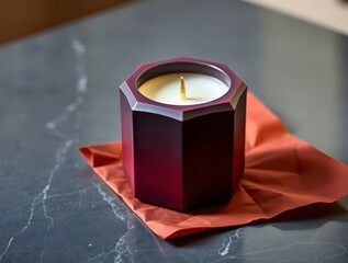 Burgundy Octagon Candle on Marble