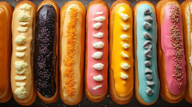 Variety of colorful eclairs with glossy icing and decorative toppings arranged in a bakery display. Tempting and artistic sweet dessert selection. Perfect for gourmet presentation.