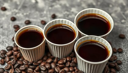 Fototapeta premium Dark, rich black coffee in disposable paper cups, coffee beans scattered nearby, hot beverage, brew