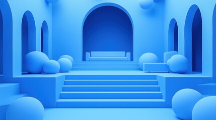 Blue architectural  3D space with steps and archways