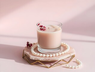 Pink Scented Candle with Pearl Necklace on Geometric Tray