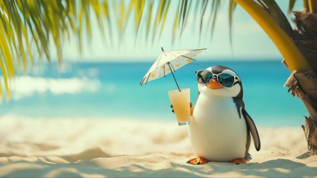 A cartoonish penguin wearing sunglasses and holding a drink with an umbrella on a tropical sandy beach with palm trees and ocean. Humorous summer vacation concept. Playful and sunny.