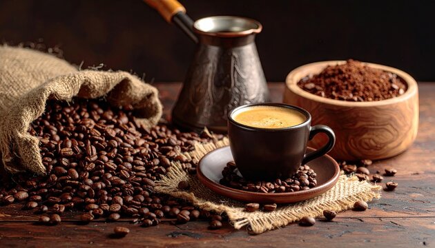 Coffee beans and cup on wooden table
