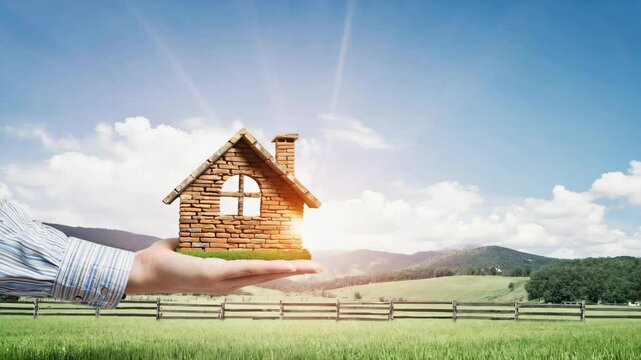 Hand holding a small brick house over a rural green field with mountains and bright sky