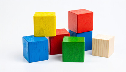 Obraz premium Toy Blocks Multicolor Wooden Game Cubes and Blank Boxes Isolated for Kids Playtime Educational Toy Building Set Learning Puzzle or Creative Play Concept