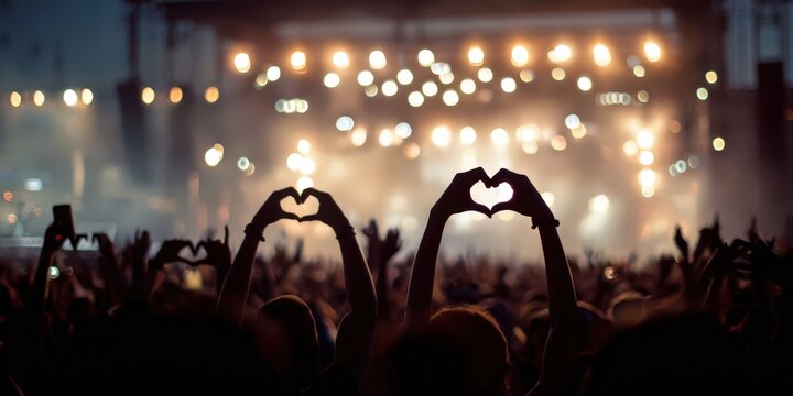 Crowd Silhouettes at Summer Concert with Heart-Shaped Hands and Stage Lights