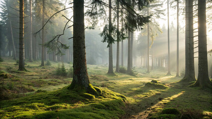 Naklejka premium Misty coniferous forest with tall evergreen trees, moss-covered ground, filtered golden sunlight streaming through fog creating atmospheric woodland scene.