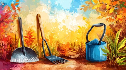 Autumnal Cleanup, Illustration of Gardening Tools in a Colorful Setting