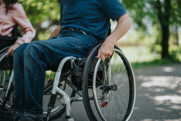 Obraz premium A group of people in wheelchairs socializing and enjoying a pleasant day outdoors in a scenic park.