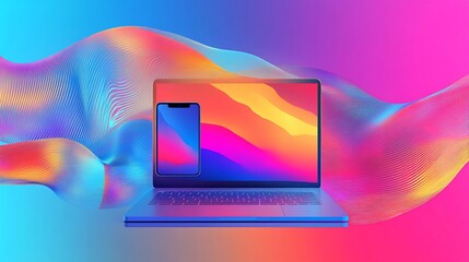 Vivid Technology Display, Laptop and Phone with Abstract Wave Background