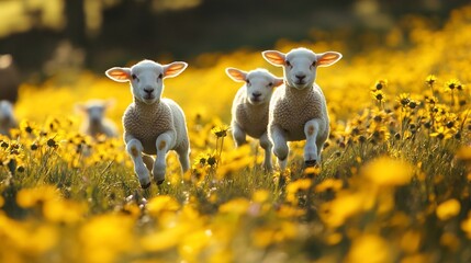 Lambs frolicking through sunlit meadow with yellow wildflowers