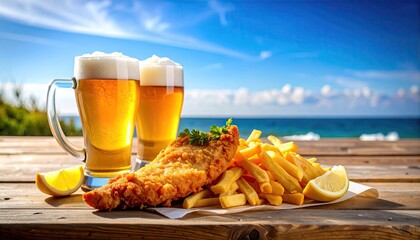 Fish and chips with beer on a seaside table