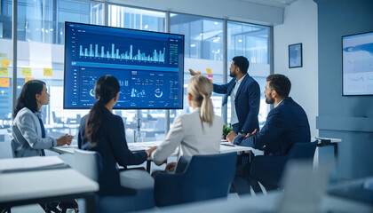 Business team meeting with data analysis.
