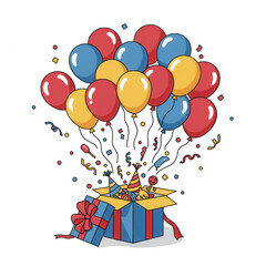 A festive explosion of colorful balloons and party supplies erupting from an open gift box isolated on transparent background