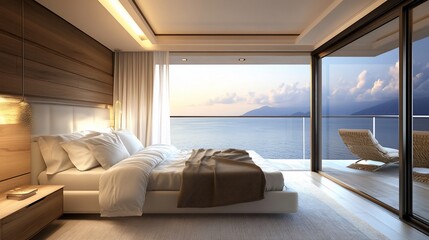 Luxurious bedroom retreat with panoramic ocean view for relaxation