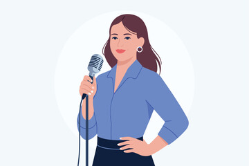 Confident woman speaking into vintage microphone with hand on hip