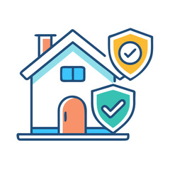 Home Insurance Color Icon: House with Protection Shields and Approved Security Checkmark