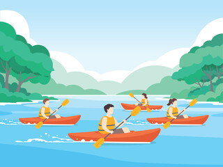 Group of people kayaking together on a calm lake surrounded by lush green trees and mountains