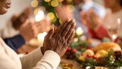 Hands clasped in prayer during a Christmas dinner