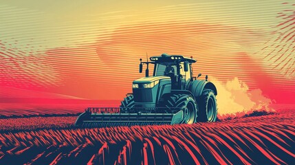 Tractor on a field under a stylized horizon, rural landscape illustration
