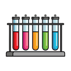 Five colorful liquids in test tubes held in a laboratory rack