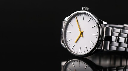 A sleek silver watch with a minimalist white face and vibrant yellow hands against a black background, Ideal for showcasing luxury timepieces in advertisements or e-commerce platforms,