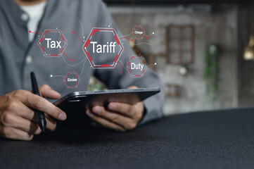 Businessman Analyzing Tax Tariff Duty Concepts on Digital Tablet