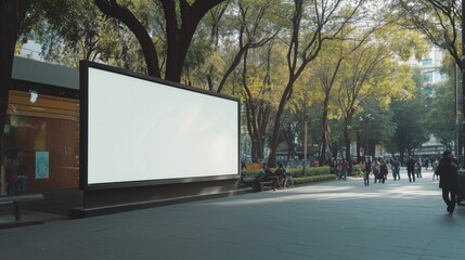 Blank outdoor billboard in urban park setting amidst trees and people