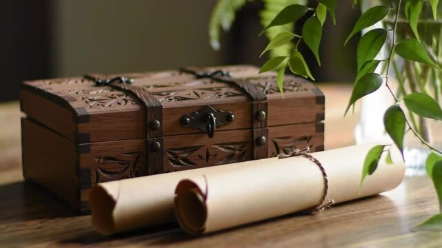 Old wooden chest with scroll and plant on a wooden table