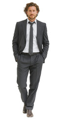 Mid-length curly haired businessman in professional attire confidently walking and looking forward, conveying trust and leadership. Clean white background