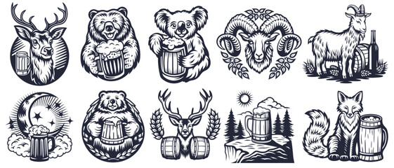 Vintage monochrome brewery emblems set featuring animals holding or standing near beer mugs, barrels, and bottles, creating a unique collection for beer enthusiasts