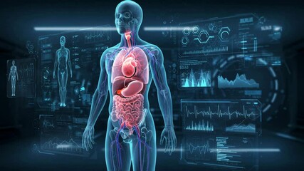 Human Anatomy Hologram: A translucent 3D model of the human anatomy with highlighted internal organs is displayed against a futuristic backdrop of medical data. - Powered by Adobe