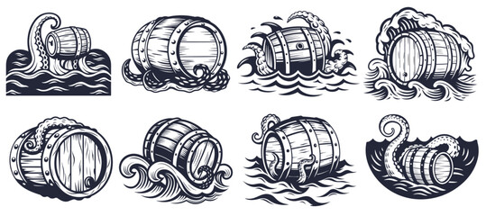 Monochrome vector illustration featuring a wooden barrel set entwined by octopus tentacles, evoking a nautical and brewing theme, ideal for businesses related to beer, seafaring, or marine life