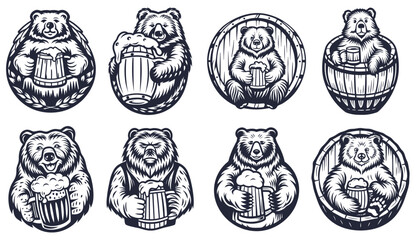 Monochrome illustration set of a cheerful brown bear holding a large pint of overflowing beer, embodying the spirit of a brewery or beer garden, ideal for bar, pub, or oktoberfest branding