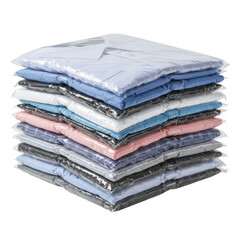 Neatly stacked assortment of folded shirts in clear plastic packaging isolated on transparent background