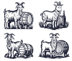 Monochrome vector graphic set of depicting goat standing beside wooden beer barrel, highlighting artisanal brewing process on rustic farm setting