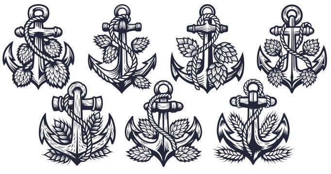 Nautical anchor set wrapped with hop cones and leaves, bold black outline, symmetrical layout, combining brewing elements with maritime symbols in monochrome vector style for label or emblem use