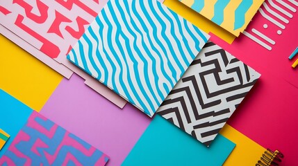 Vibrant composition of patterned papers on bright geometric background