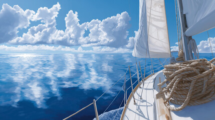 Sailboat gliding on calm ocean under cumulus clouds with captain's hat