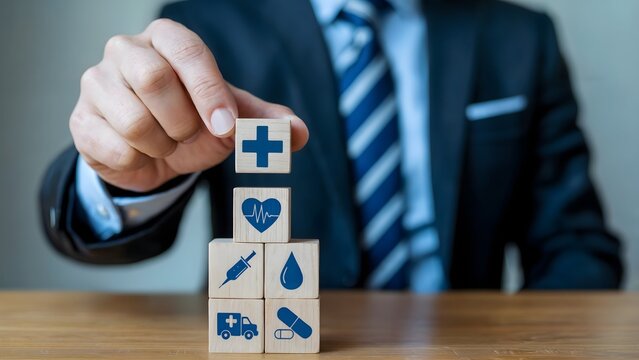 Businessman stacking wooden blocks with medical icons symbolizes healthcare management and insurance solutions to promote wellness and comprehensive coverage for clients.