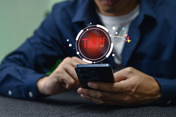 Person Using Smartphone with Overlay of Tariff Notification