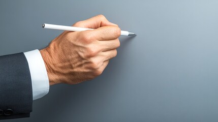 Naklejka premium A close-up view of a hand holding a pen poised to write on a smooth gray surface, suggesting creativity or professionalism, Ideal for articles on business, writing, or education,