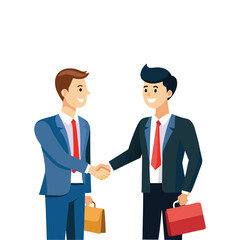Fototapeta premium Two smiling businessmen in suits shaking hands with briefcases on white background