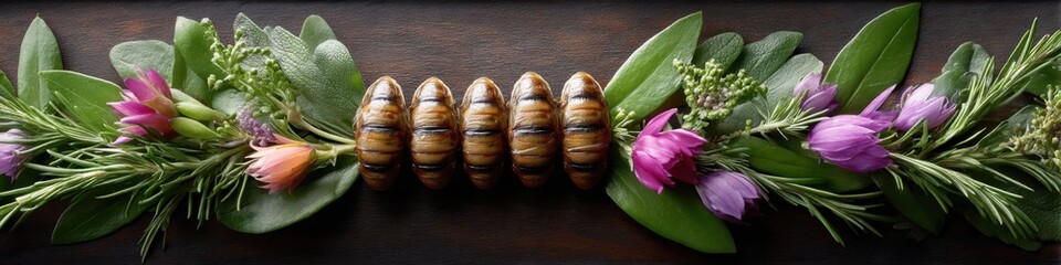 Fototapeta premium Unique cicada pie garnished with fresh herbs and vibrant flowers for a distinctive culinary experience