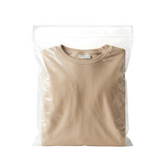 Folded beige t shirt in clear plastic packaging isolated on transparent background