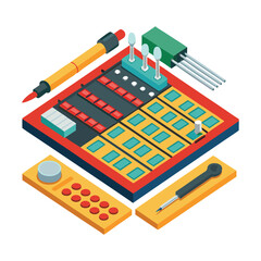 Modern electronic music production workstation with drum pads and synthesizer controls