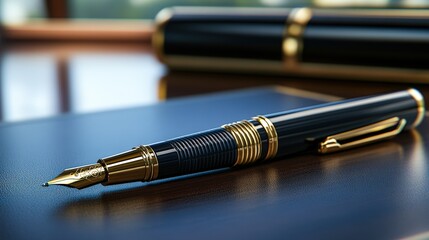 A luxurious fountain pen rests elegantly on a polished wooden desk, showcasing its intricate design and sleek finish, perfect for branding, office decor