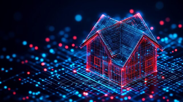 Digital house model on a circuit board background.
