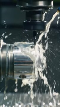 Extreme close-up of a high-precision CNC machine's cutting tool sculpting gleaming metal, cooling fluid cascades, sparks erupt. Vertical 9:16 video in cinematic slow-motion with dramatic lighting,